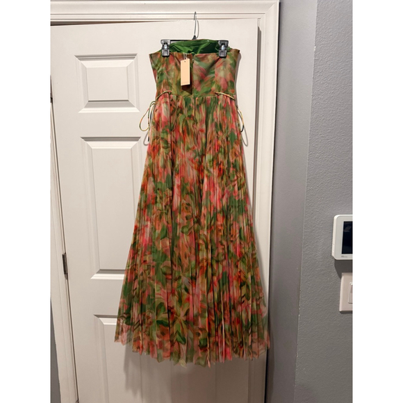 Women's Hutch Strapless Pleated Floral Midi Dress in Green & Pink, Size 2 - Picture 6 of 7